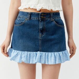 Urban Outfitters Renewal Remade Checked Ruffle Denim mini Skirt